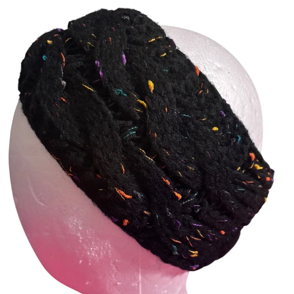 MOK Cable Knit Headband Women OS Black Multi Confetti Excellent Fleece Lined‎